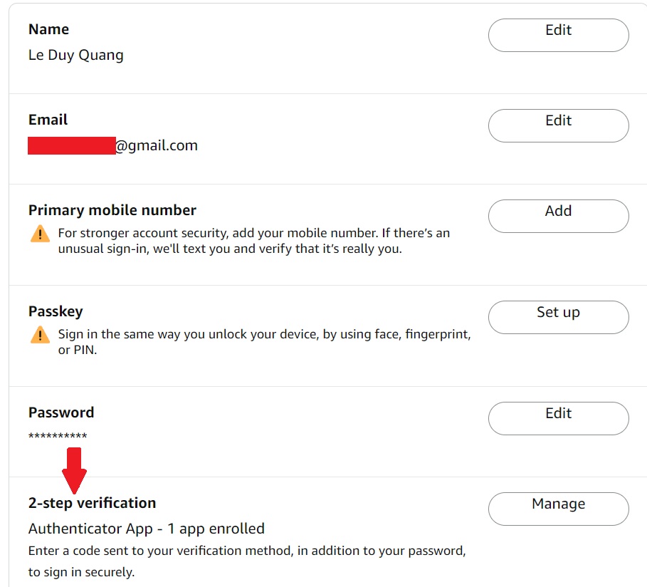 Bật bảo mật 2 lớp authenticator tài khoản Amazon buyer