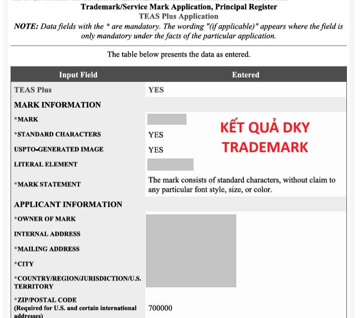 Kết quả đăng ký Trademark trên trang upsto