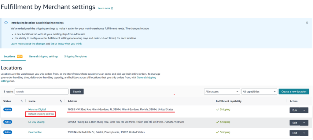 Cài đặt địa chỉ ship hàng mặc định