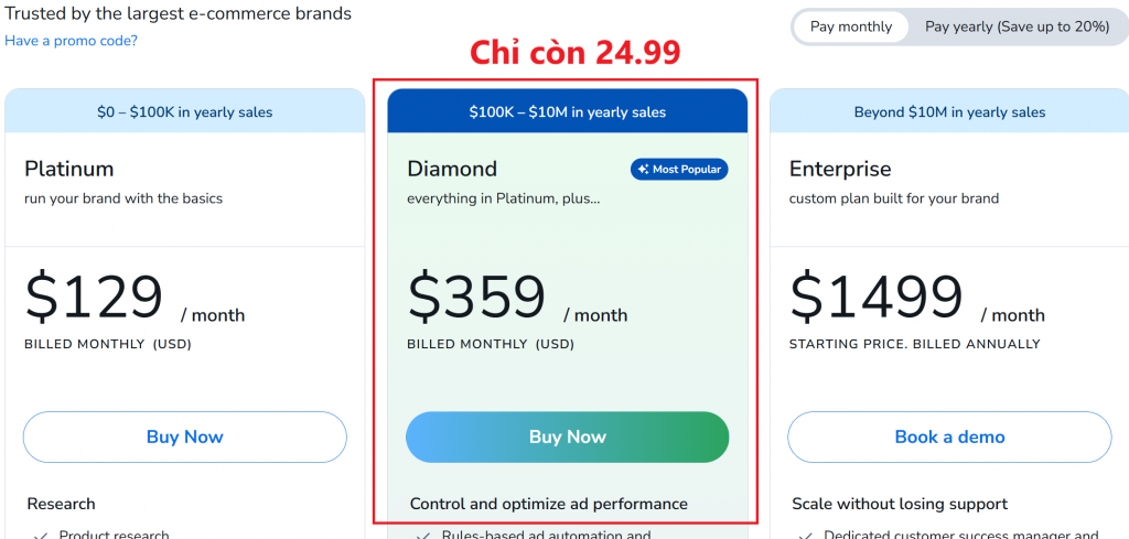 Helium 10 Gói Diamond giá 359usd